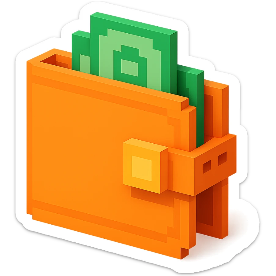 3D voxel style icon of a wallet, with a slightly open flap and stylized pixel details sticker