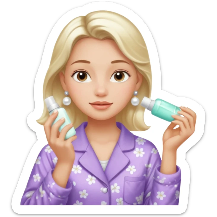 Clean girl aesthetic emoticons, apply skincare products, pearl earrings, glowing skin, pajamas, soft lighting sticker