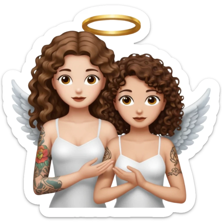 fake angel pose — long wavy brown hair tattooed woman and short tight curly brown hair woman — halo sparkle sticker