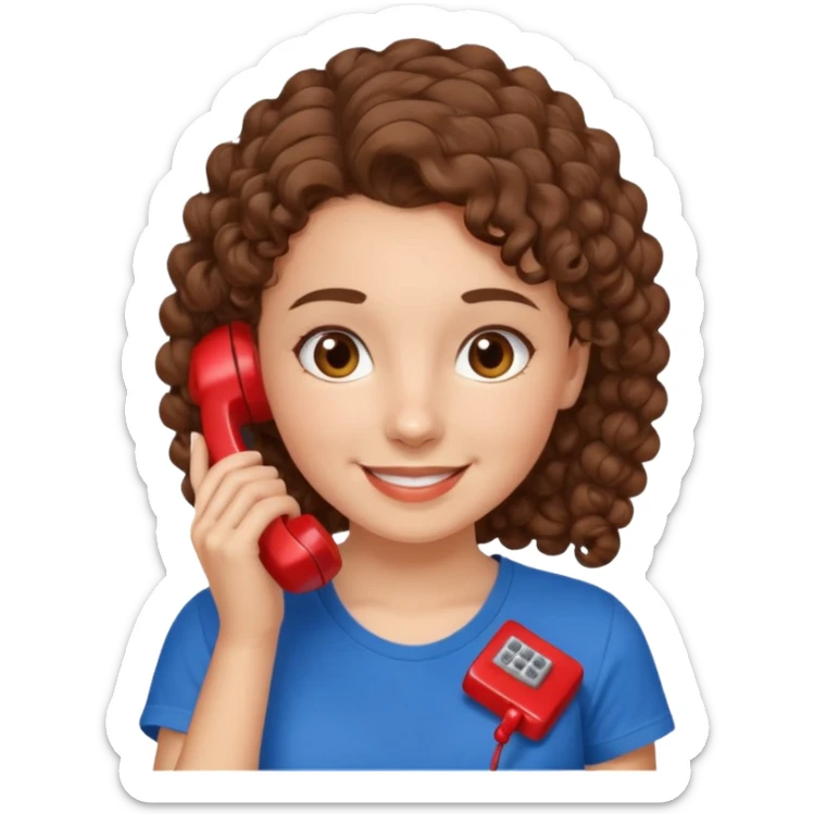 chica con piel blanca sonriendo, ojos marrones y pelo marrón atado con rulos con remera celeste. atendiendo un teléfono rojo sticker