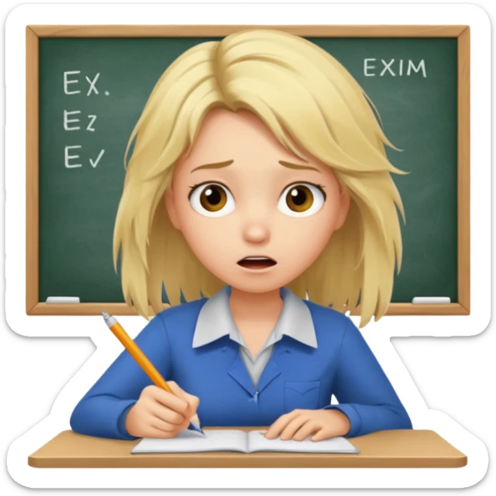 young blonde disheveled hair woman is writing an exam in panic sticker