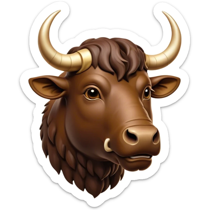 Cinematic Noble Domestic Ox Portrait Emoji, Poised and stalwart, with a massive, muscular build and a thick, smooth hide in deep earthy tones, prominent, curved horns, and steady, soulful eyes, Simplified yet sharp and sophisticated features, highly detailed, glowing with a warm, dignified glow, high shine, intelligent and dependable, stylized with an air of timeless strength, focused and attentive, soft glowing outline, capturing the essence of a watchful and confident ox that feels as though it could plod out of the screen with effortless authority! sticker