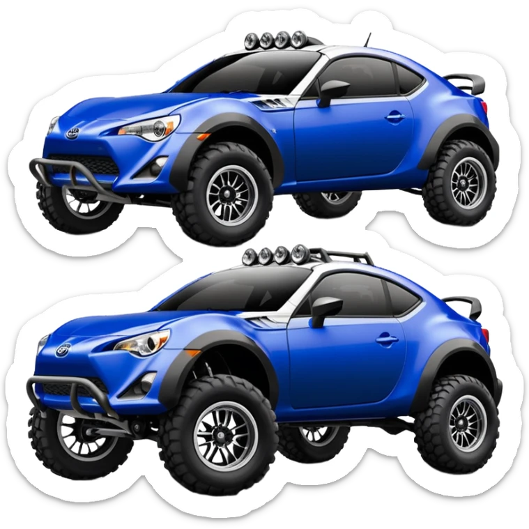 Dirty raced jacked 2013 scion fr-s ultramarine off road 4wd monster Baja dessert stadium racer number 86 with long travel suspension, shiny silver wheels, exaggerated black fender flares sponsored by Pepsi and NASA  sticker