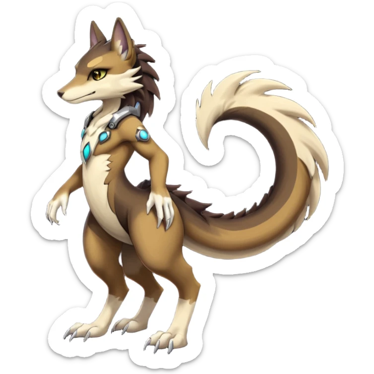 Brown and beige badass elegant wild beautiful natural badass futuristic epic exotic anthro modern furry cyborg-sergal-vernid-creature, full body, dark-brown-black-gradient pretty hair, with a long tufted tail, aesthetic, art by LiLaiRa, art by art by Falvie sticker