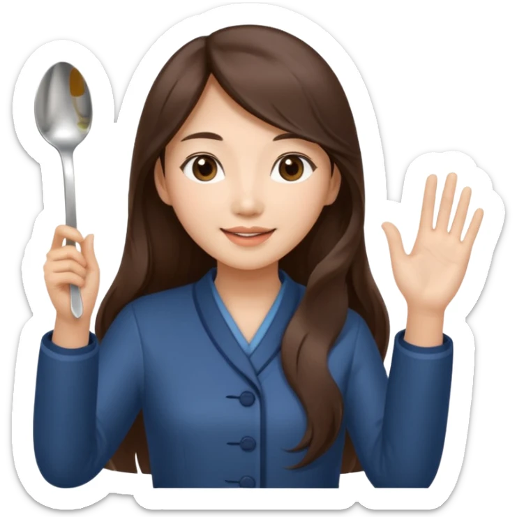 An Asian woman with long brown hair waving and greeting with a spoon in her hand sticker