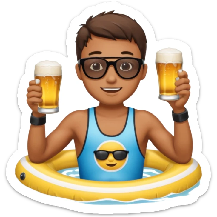 a young dude river tubing wearing sunglasses and swim trunks, drinking a beer sticker