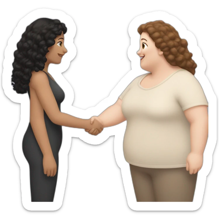 tan chubby woman with black curly hair shakes hands with a chubby pale woman who has straight light brown hair sticker