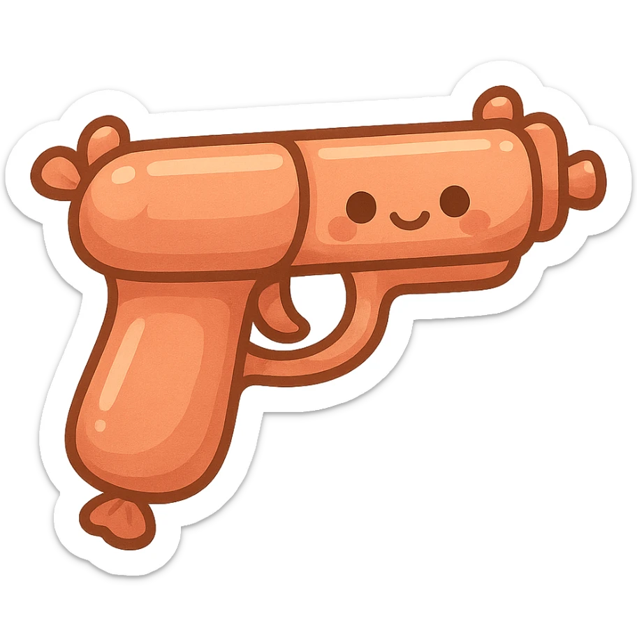 a pistol made out of sausages, fun and lighthearted, cartoonish and cute sticker