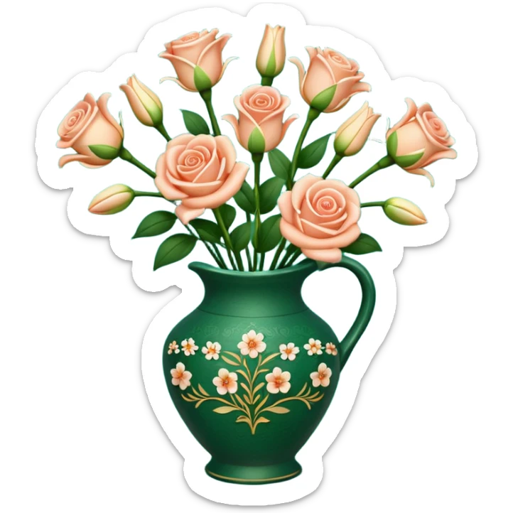 Lilly and Rose’s bouquet and a dark green vase pottery like. give vase small designs  sticker