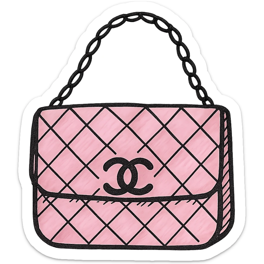 pink Chanel purse, hand-drawn black outline icon style, simple and elegant, no fill sticker