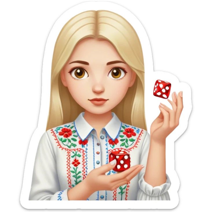 A Ukrainian girlin an embroidered shirt holds a dice in her hand sticker