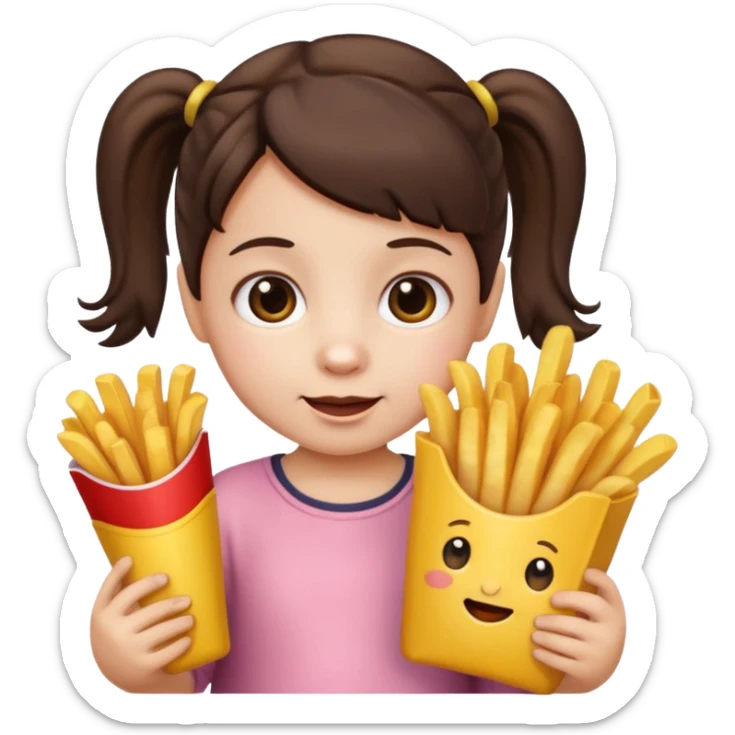 Toddler emoji with two pigtails dark brown hair, fair skin, holding French fries sticker