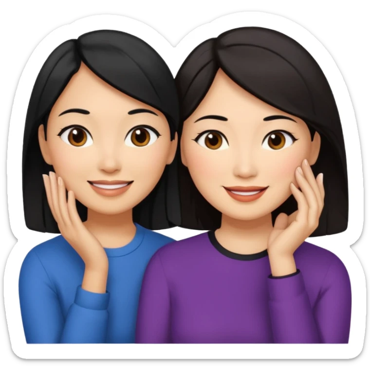Middle aged light brown skinned woman with black hair, beside a middle aged asian woman with dark brown hair touching their cheek sticker