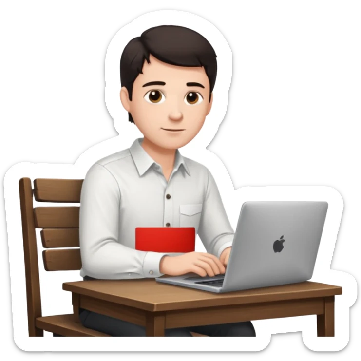 Rich man working setting on a chair in shirt, dark hair, and near the desk with laptop he is german very beautiful looks like sticker