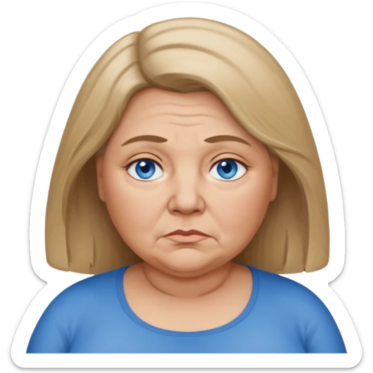 Head image of older very fat dark blonde woman with shoulder length hair and blue eyes. Neutral expression bordering on sad. sticker