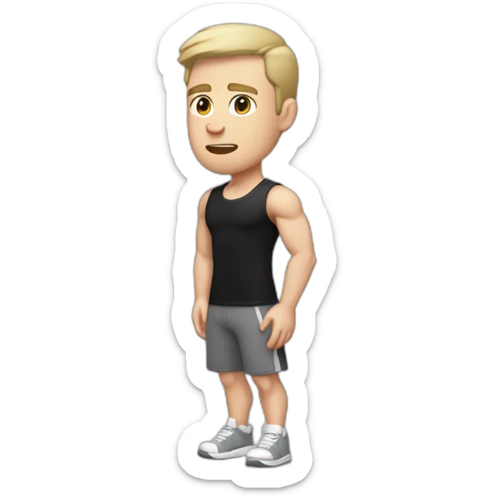 Confused Pale skinned Fit Man With the biceps and dark brown hair in black shirt, gray sports shorts and white Sneakers sticker