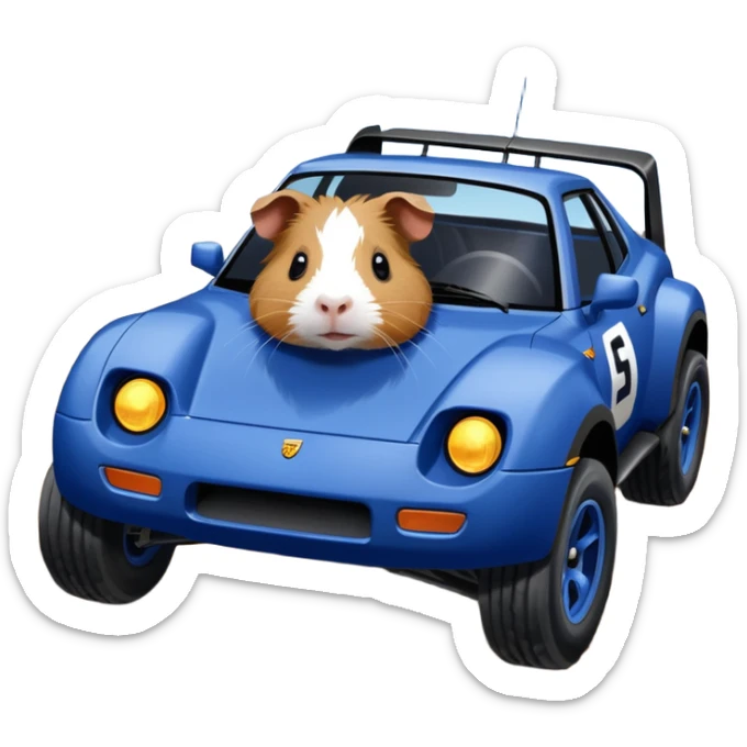 After-race-dirt-covered Midnight blue Local Motors Rally Fighter off road race car being driven by a five foot tall Guinea pig  sticker