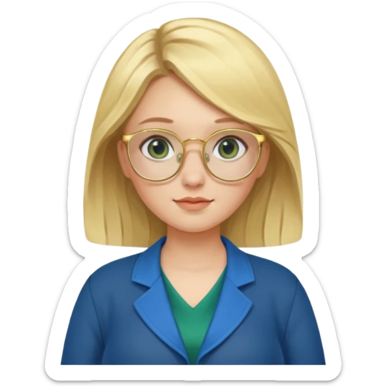 pregnant blonde 18-year old with golden glasses in a bright blue dress and a dark green jacket on top of the blue dress sticker