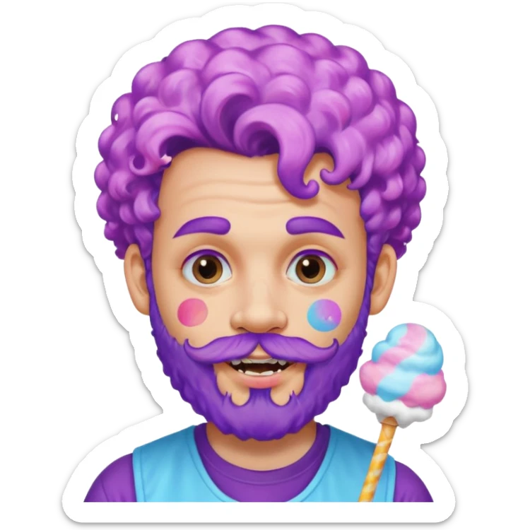 very colorful puffy violet curly haired man just beard  no mustache made out of cotton candy wearing teeth-braces and excessive face tattoos just face  sticker