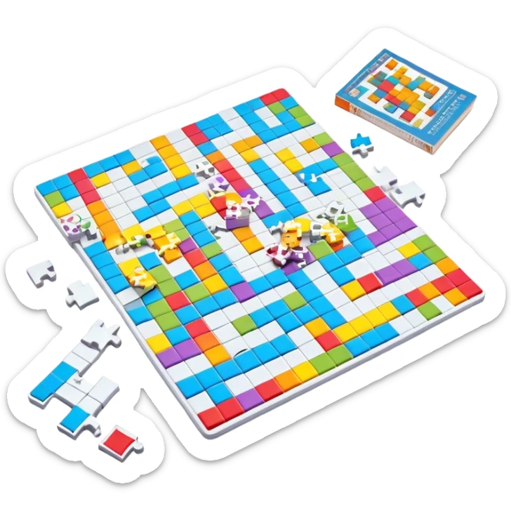 A photorealistic icon with a colorful, fragmented crossword magazine, a 3D puzzle, and a partially completed puzzle on a table. Bright, detailed design with realistic lighting. Transparent background, clearly symbolizing puzzles and brain games. sticker