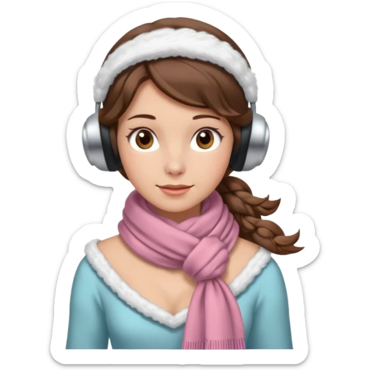 Victorian ice skater in a long dress. She is wearimg a scarf and earmuffs. She has boriwn hair. sticker