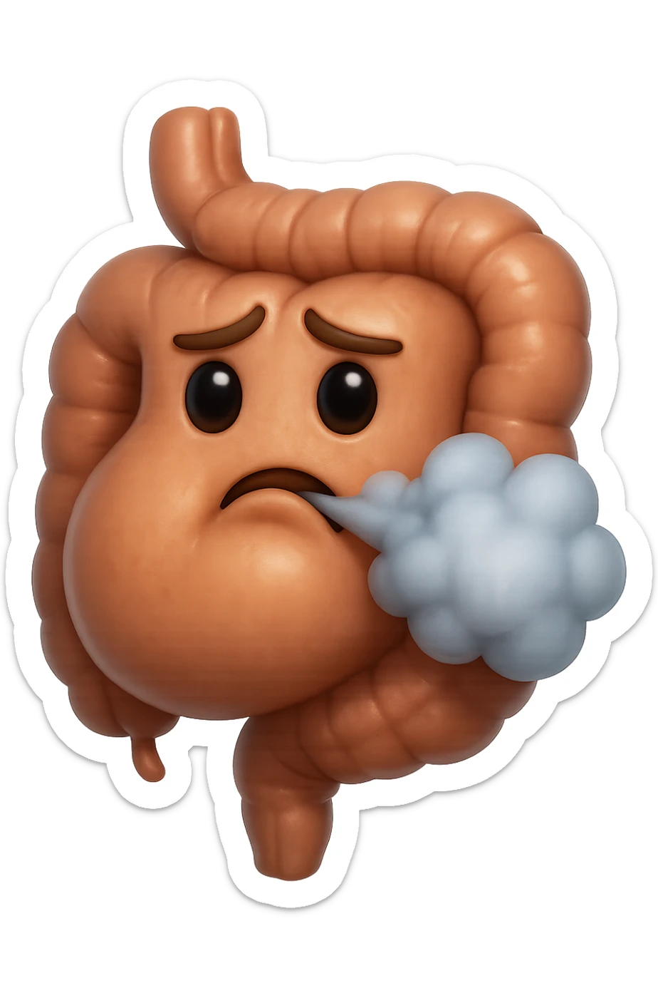 emoji stile iphone di un intestino che ingoia una nuvoletta di aria ben visibile e gli si gonfia la pancia, non fargli il naso, iperrealistico 4k sticker