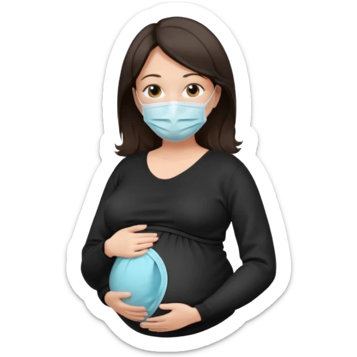 a pregrant lady with dark brown hair? Hair lengt above shoulder, wearing medical face mask, i wanna see the pregnant belly with black sweater sticker