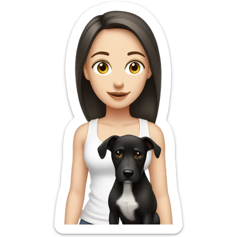 white girl with dark hair in a ponytail wearing a white tank top walking a black dog sticker