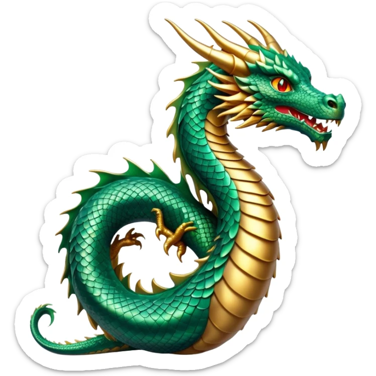 cinematic-noble-dragon-portrait-emoji,-poised-and-majestic,-with-a-sinuous,-elongated-body-covered-in-intricately-detailed,-shimmering-scales-in-hues-of-emerald-and-gold,-and-piercing,-fiery-eyes-that-reflect-ancient-wisdom; sticker