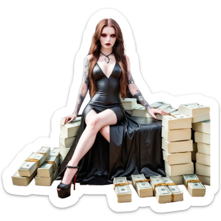 Lilith symbol red eye seductress evil long brown haired sexy succubus woman with leather long dress with slit, sitting in Big Large F350 pickup truck. Black Platform high heels on feet. Tattoo sleeve , seat full of stacks of cash, and a man dead human skull of her enemies and a gun in other hand sticker