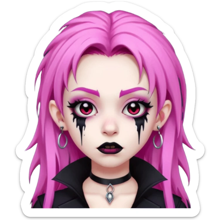 girl, pale black vampire, pink hair, very long, shaggy, dark, spooky,double eyebrow dermal piercing, creepy expression sticker