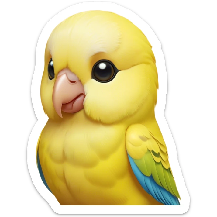 Cinematic Noble Yellow Budgie Portrait Emoji, Poised and regal, with a petite, delicate build and a smooth, well-groomed fur of brilliant yellow feathers, deep-set soulful dark eyes, Simplified yet sharp and sophisticated features, highly detailed, glowing with a soft, dignified glow, high shine, intelligent and charming, stylized with an air of elegance, focused and attentive, soft glowing outline, capturing the essence of a watchful and confident avian companion, so majestic it feels as though it could flutter out of the screen with effortless authority! sticker