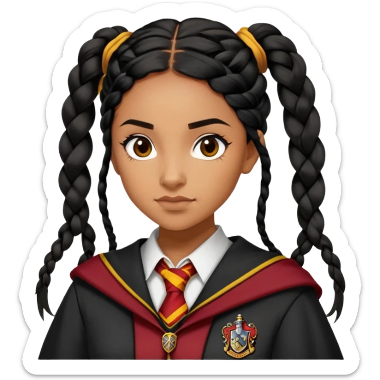 Angelina Johnson in harry potter, wear hogwarts gryfindor uniform,  thick, black hair worn in braids, reflecting her bold, stylish, and strong personality sticker