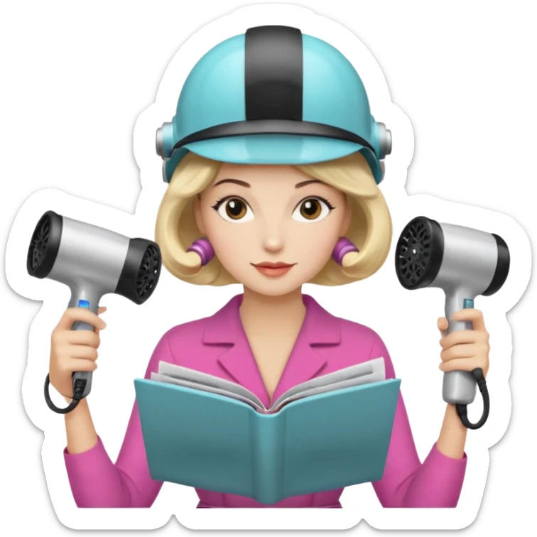 Emoji de mujer con casco secador, pelo recogido, rulos y leyendo revista cogiéndola con las dos manos estilo vintage chic sticker