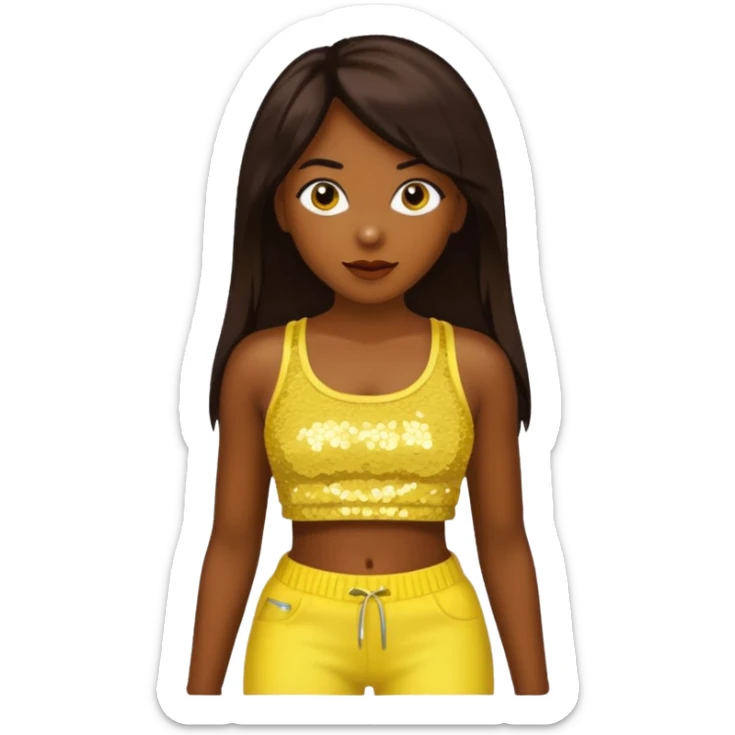 Chilli from TLC with long dark brown hair, yellow sequin crop top and pants, dark skin  sticker
