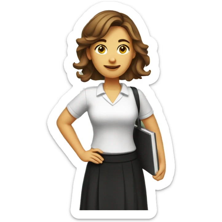 A female teacher with brown hair, standing and wearing black skirt and white cool tshirt sticker