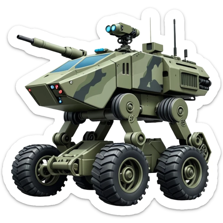 a roomy American 4-wheel armored medical personnel stealth camouflage army massive mech trail vehicle shooting forward side-hill leaning actively articulating hydraulic independent suspended pod gimbal enemy mech off-road racing rover with large fast engine RC basher crawler megatron  sticker