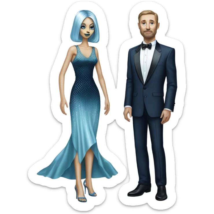 reptilian alien woman, in long slim pastel blue formal party satin dress with gradient shiny sparkling navy blue diamonds embroidered , and caucasian man in black dress sticker