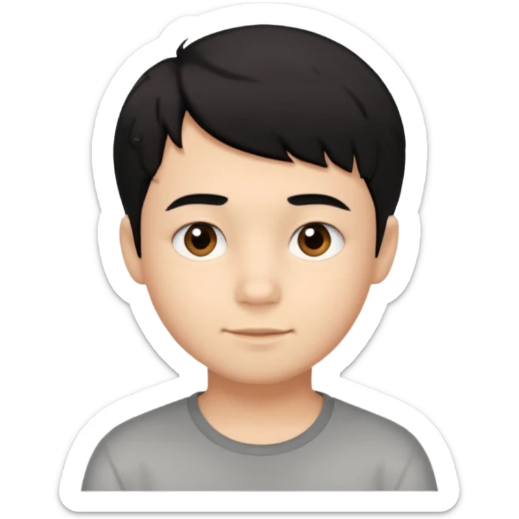 Simple iOS-style emoji of a young boy with short, slightly messy black hair, a round face, large brown eyes, and a small neutral smile sticker