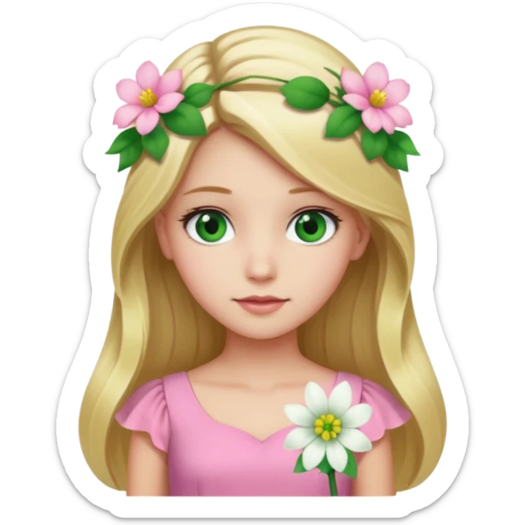 Girl profile picture with long blonde hair and green eyes and a flower in her hair. and a pink outfit sticker