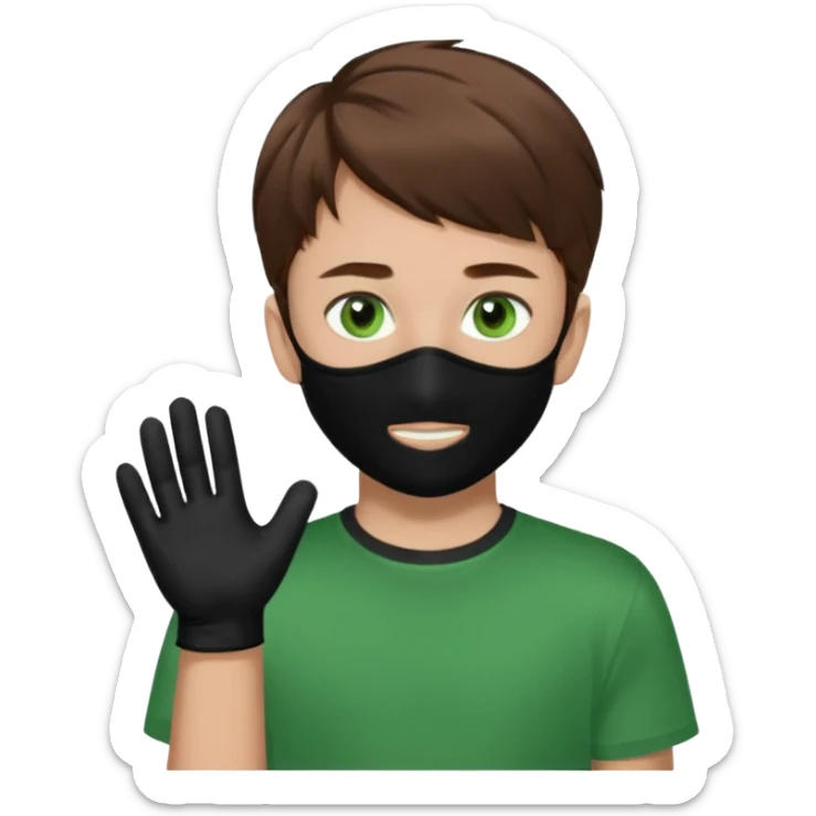Chico de pelo marrón y ojos verdes. Con un cubre bocas negro, que tiene una camisa verde por encima de una remera blanca, y tiene un guante negro en una sola de las manos. sticker
