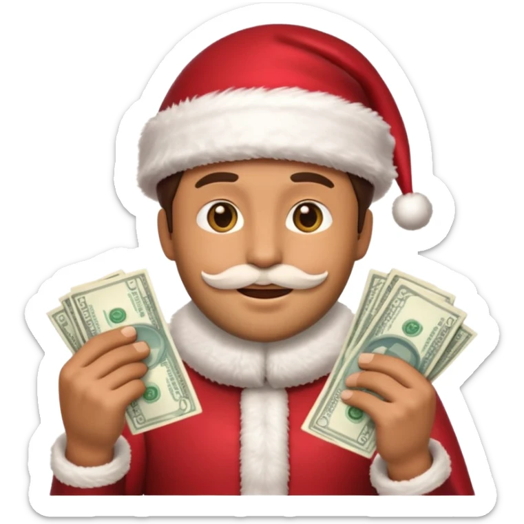 A confident rich emoji face wearing a Santa hat, money stacks, casino vibe, New Year theme, premium 3D emoji style, sharp details, no text, isolated on transparent background sticker