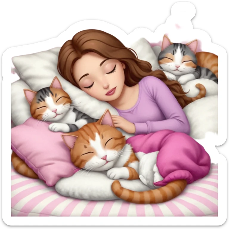 girl with long wavy brown hair, brown eyes, long lashes makeup, sexy pink lips, light to medium complexion,  sleeping on a cozy pillow, with 6 cats: 1 brown and white tabby cat, 1 ginger and white, 2 grey and white, 1 grey with white mittens and small white patch on chest and 1 calico, sleeping sticker