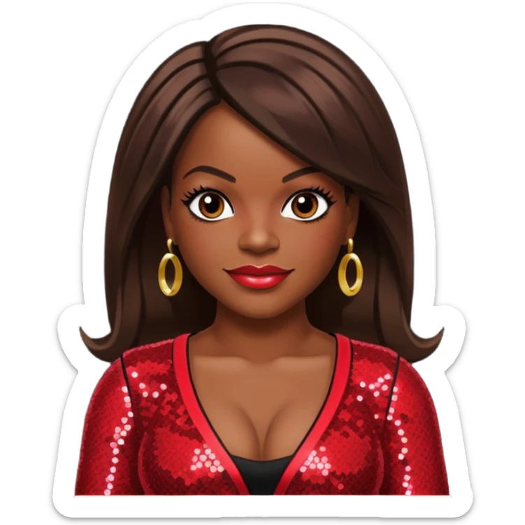 Kandi Burruss from Xscape with long dark brown hair, red sequin outfit sticker