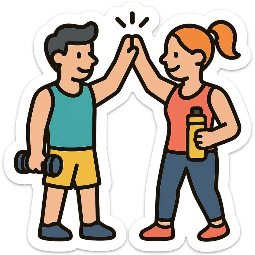 two people high-fiving after a workout, clean lines, fitness theme icon style sticker