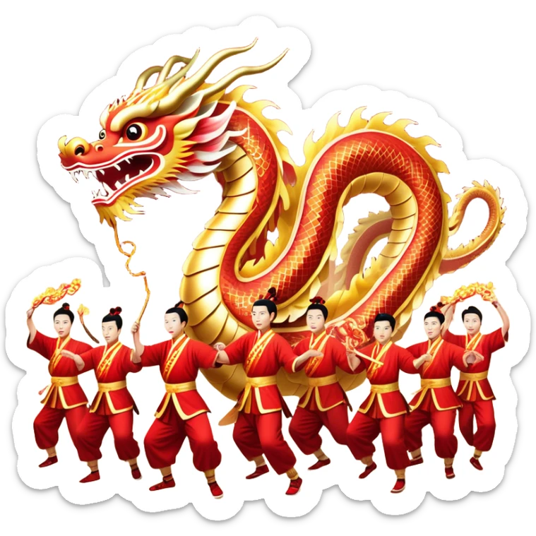 Cinematic Realistic scene of a Chinese Dragon Dance featuring performers energetically holding a vibrant dragon model aloft, with intricately detailed scales and dynamic flowing costumes, illuminated by festive red and gold lighting that captures the spirit of celebration. sticker