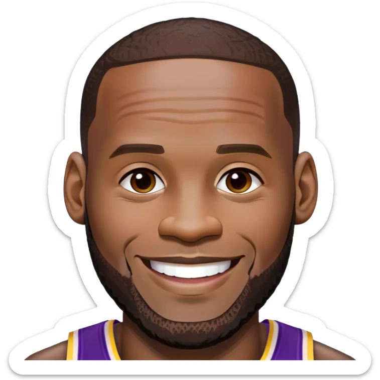 LeBron James face with a big smile and Lakers purple and gold colors sticker