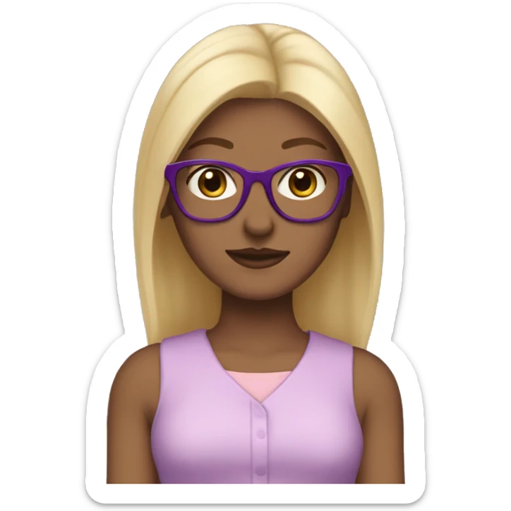 Create a female emoji: white skin, blonde hair, straight and very light below the shoulders, brown eyes, glasses with purple cat-eye frames, light pink jumpsuit. sticker