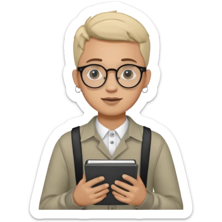 A man in his 20s wearing an apnotebook, wearing radio earrings, round glasses, achromatic clothes sticker