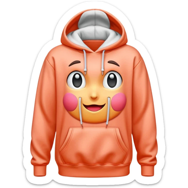 A 3D cartoon peach-coral hoodie with soft folds, drawstrings, and a casual fit, isolated plain background. sticker